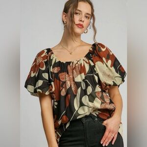 Umgee Floral Print Puffy Sleeve Top